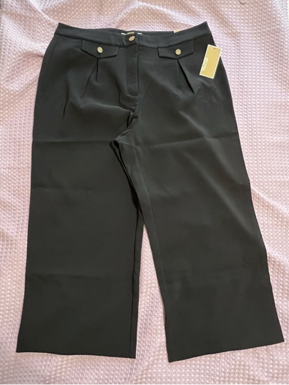 Michael Kors Black High-Rise Crop Wide Leg Pants with Gold Labels